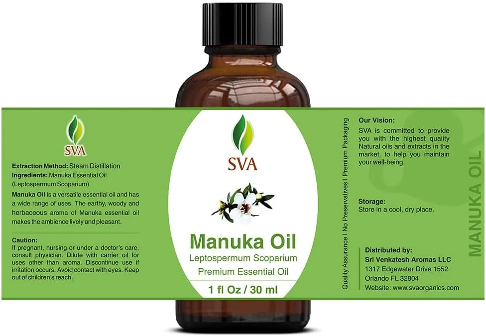 SVA Manuka Essential Oil  1 Fl Oz  100% Natural Manuka Oil - for Diffuser, Hair Care, Face, Skin Care, Aromatherapy, Scalp and Body Massage, Soap and Candle Making  with Dropper