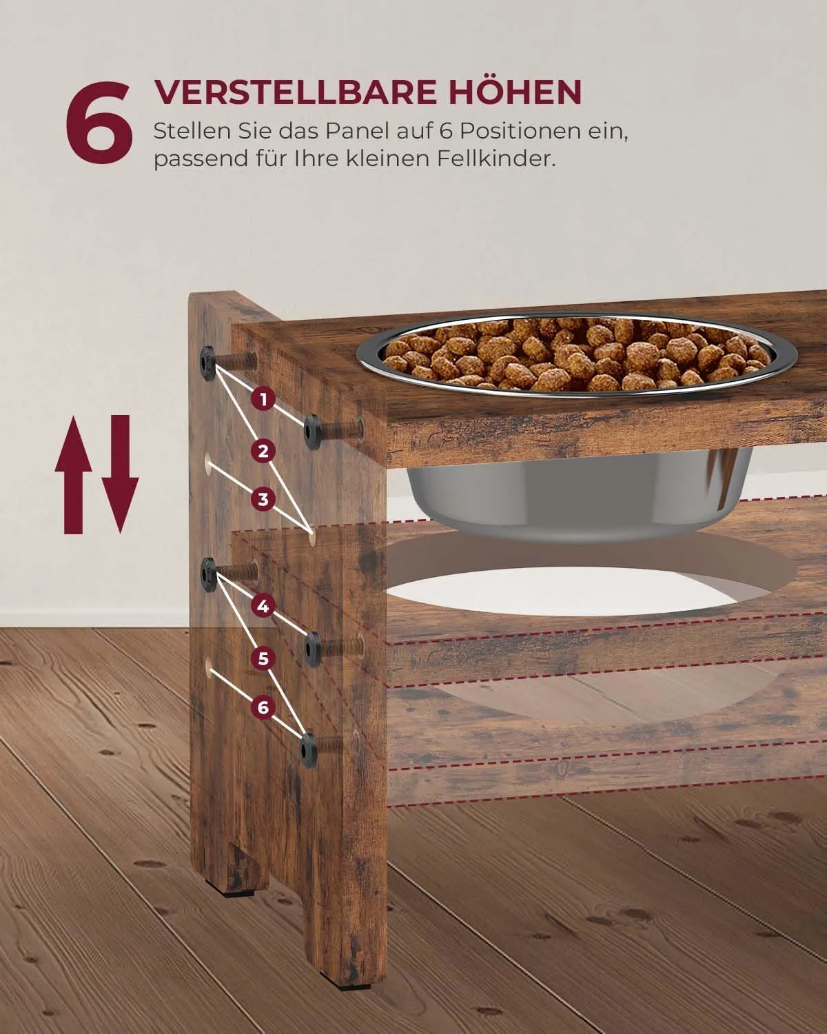 Vantic Elevated Dog Bowls, Adjustable Raised Dog Bowl Stand for Small Puppy and Cats, Sturdy Pet Food Feeder with 2 Stainless Steel Dishes, Rustic Brown