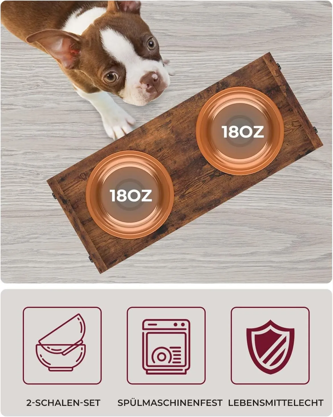 Vantic Elevated Dog Bowls, Adjustable Raised Dog Bowl Stand for Small Puppy and Cats, Sturdy Pet Food Feeder with 2 Stainless Steel Dishes, Rustic Brown