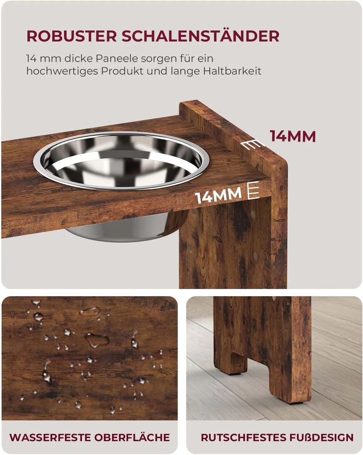 Vantic Elevated Dog Bowls, Adjustable Raised Dog Bowl Stand for Small Puppy and Cats, Sturdy Pet Food Feeder with 2 Stainless Steel Dishes, Rustic Brown
