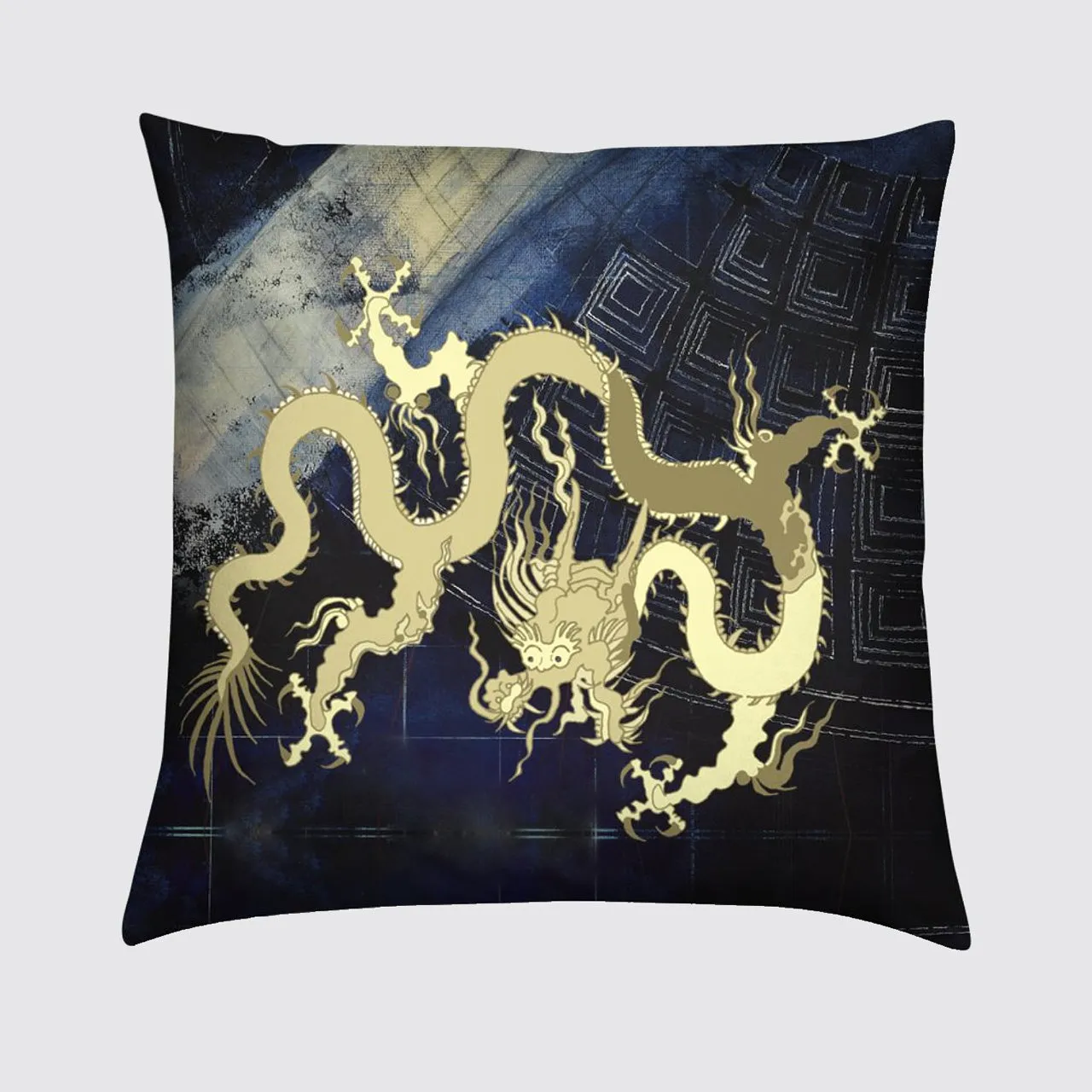 Velvet Cushion - Golden Dragon on Blue Pantheon