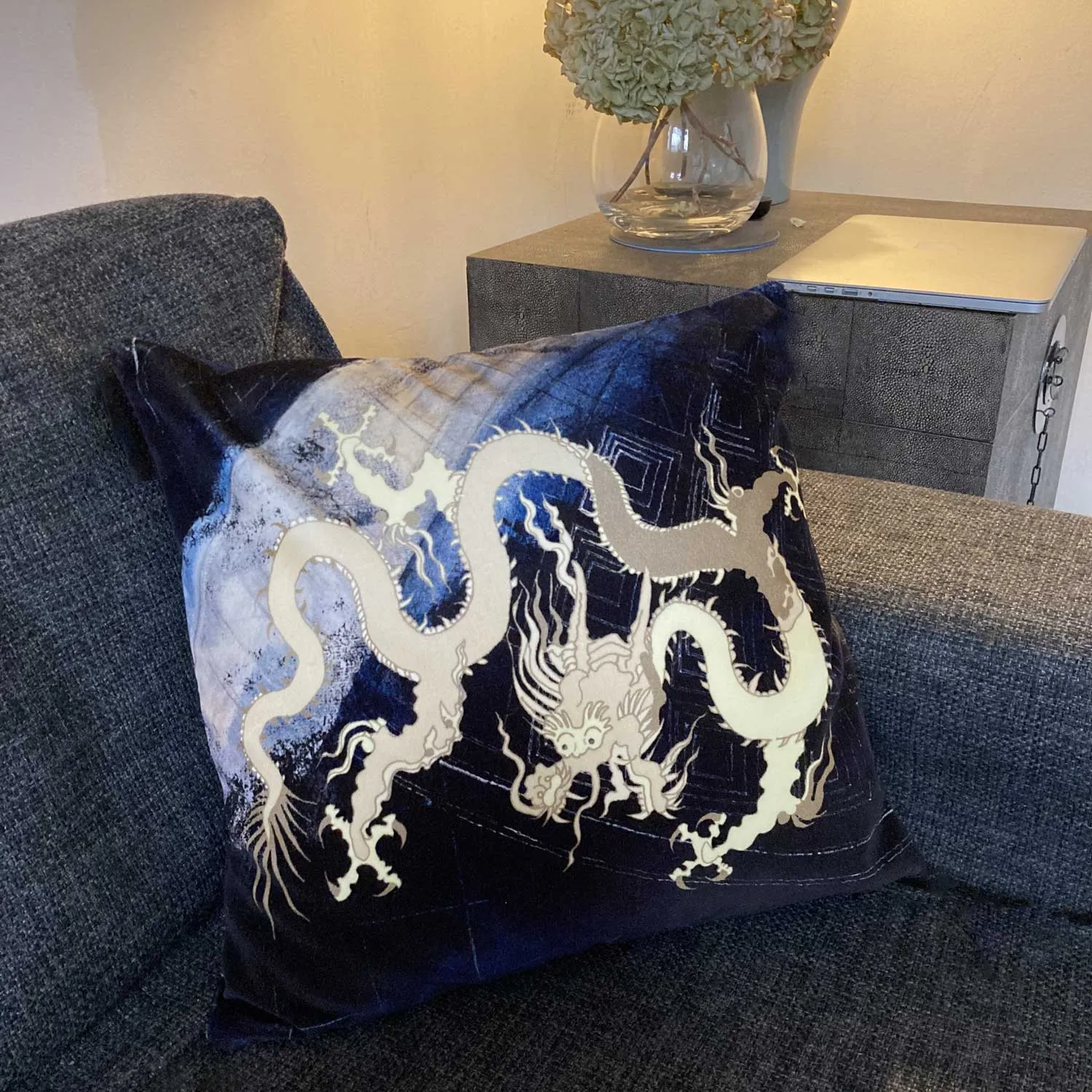 Velvet Cushion - Golden Dragon on Blue Pantheon