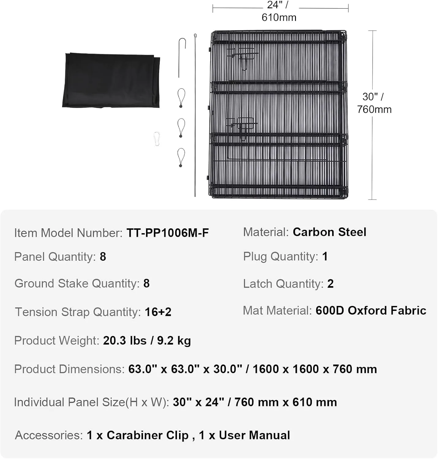 VEVOR Dog Playpen, 8 Pcs 30"H x 24"W Panels Foldable Metal Pet Exercise Pen, Dog Fence Indoor and Outdoor Pen with Door, 600D Oxford Fabric Bottom Pad, Pet Playpen for Dogs, Cats, Other Small Animals