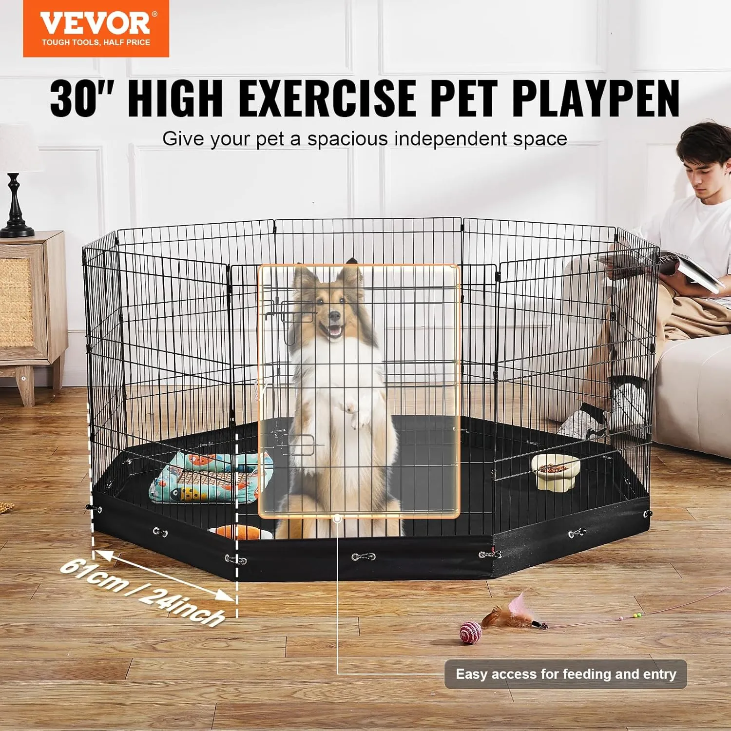 VEVOR Dog Playpen, 8 Pcs 30"H x 24"W Panels Foldable Metal Pet Exercise Pen, Dog Fence Indoor and Outdoor Pen with Door, 600D Oxford Fabric Bottom Pad, Pet Playpen for Dogs, Cats, Other Small Animals