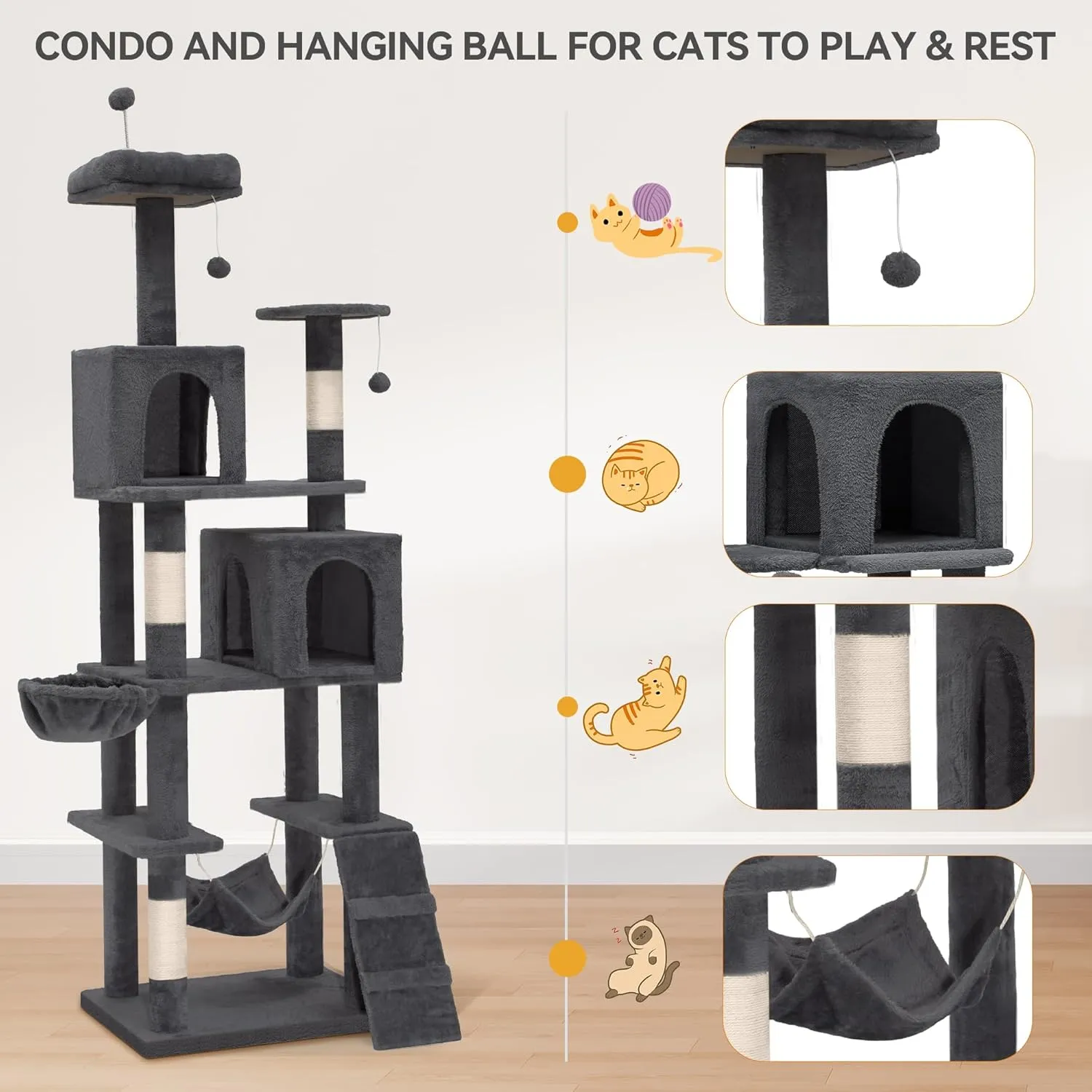 YITAHOME 75in Cat Tree Tower for Indoor Cats, Multi-Level Cat Furniture with Scratching Posts, Cat Caves, Padded Perch, Cozy Hammock, Ladder, and Plush Balls for Kittens, Pet Play House Dark Gray